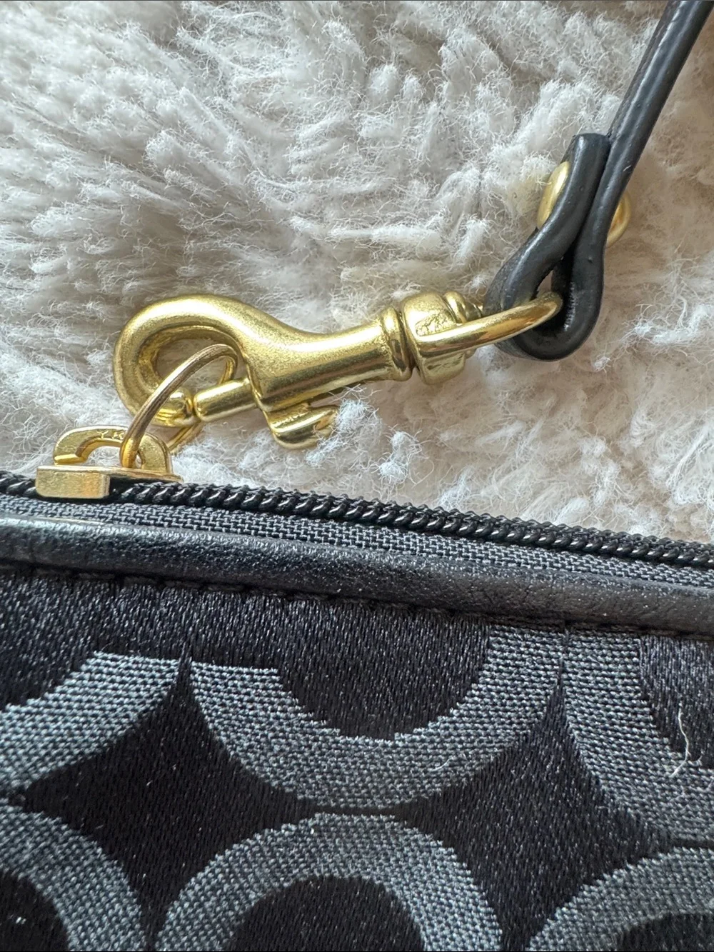 Coach Black Signature Jacquard Pleated Wristlet with Gold Hardware